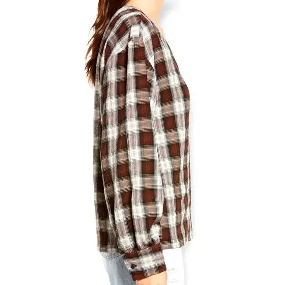 Treasure & Bond Plaid V Neck Button Up Long Sleeved Red White & Brown Boho Shirt - Picture 4 of 7